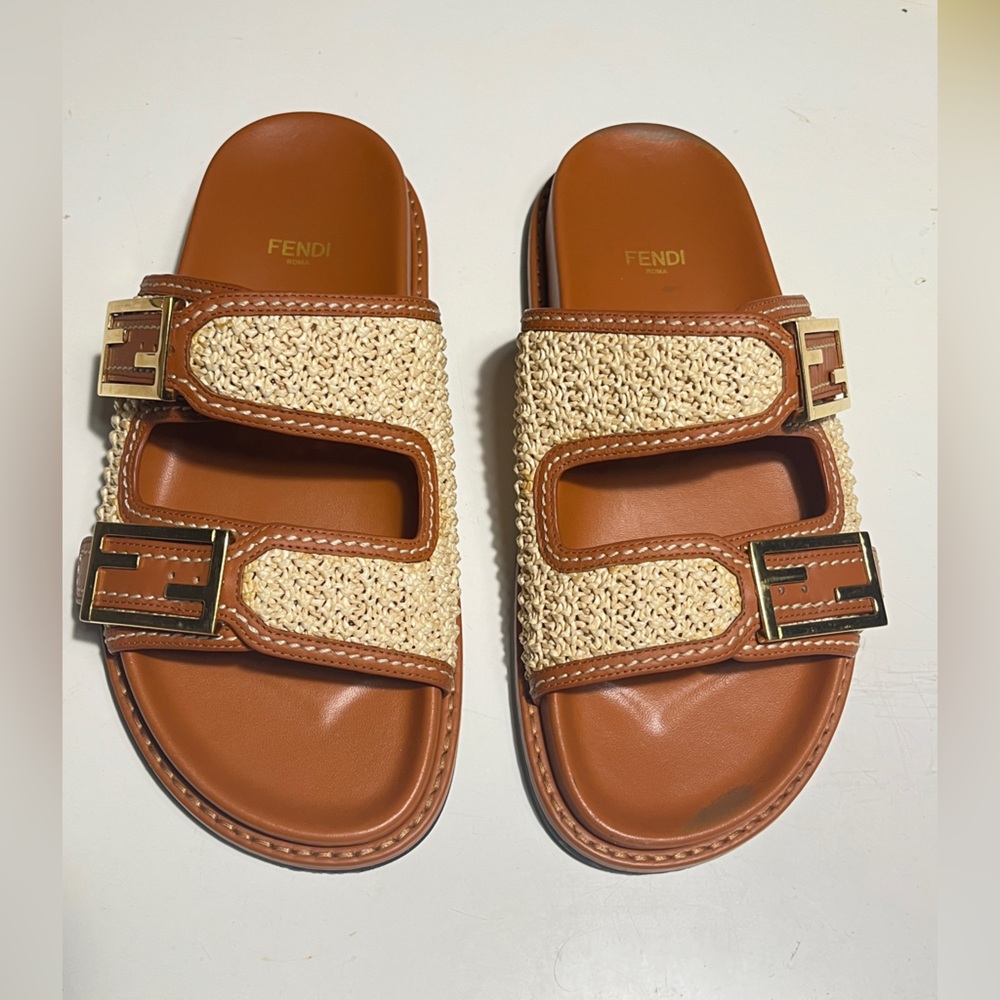 Fendi Black Soles with Natural Raffia and Tan Leather Slide Sandals